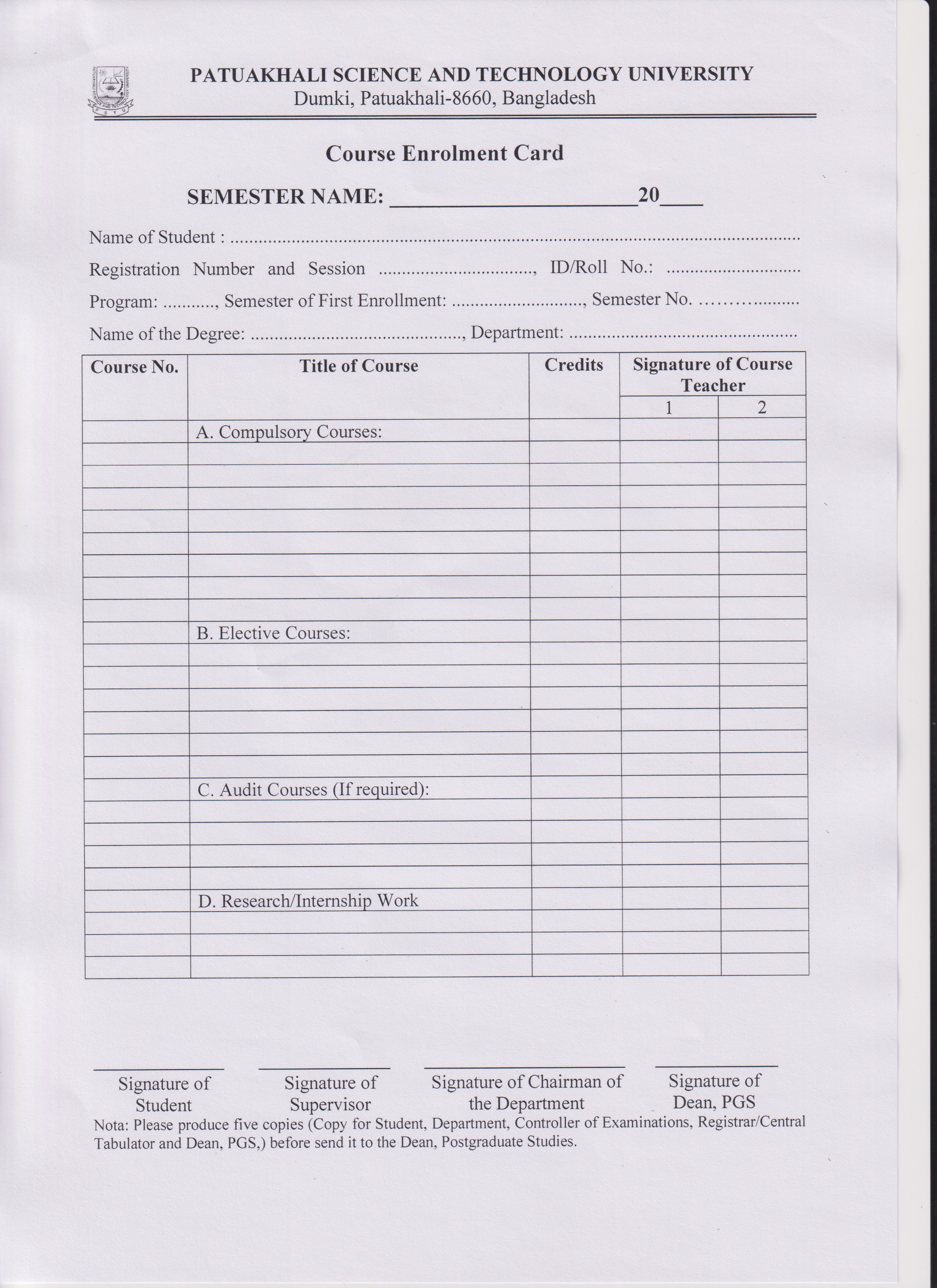 Updated Enrollment Card for Master and PhD Program